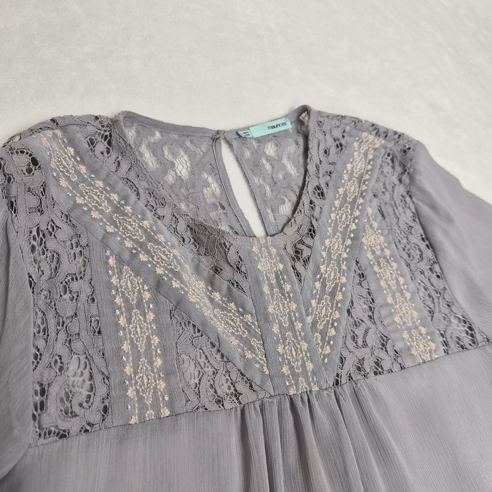 Cottagecore maurices Gray Lace Embroidered Sheer Blouse Top L Boho Fairycore Y2K