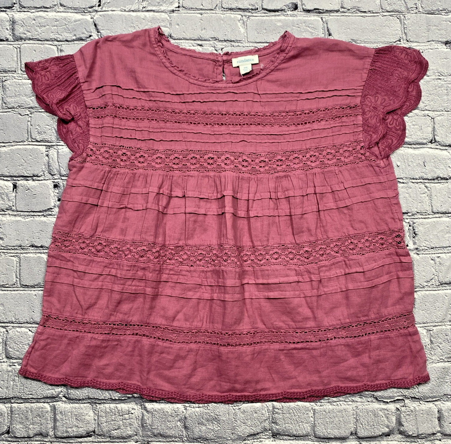 Sundance Aria Blouse Size PM Pink Mauve Pintucks Lace Embroidered Boho Lagenlook