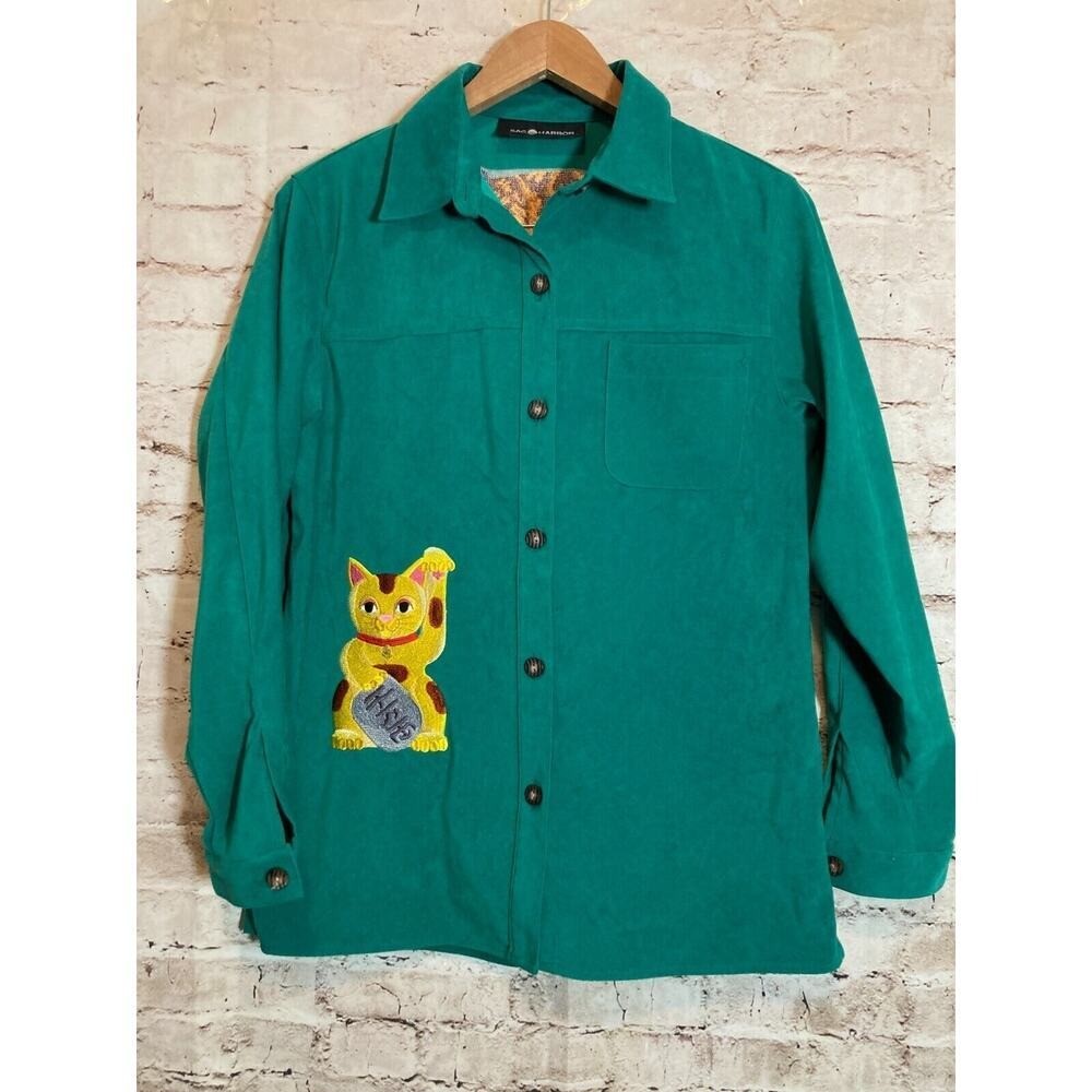 Sag Harbor Top Womens Large ? Green Button Up Cat Print Embroidered Long Sleeve