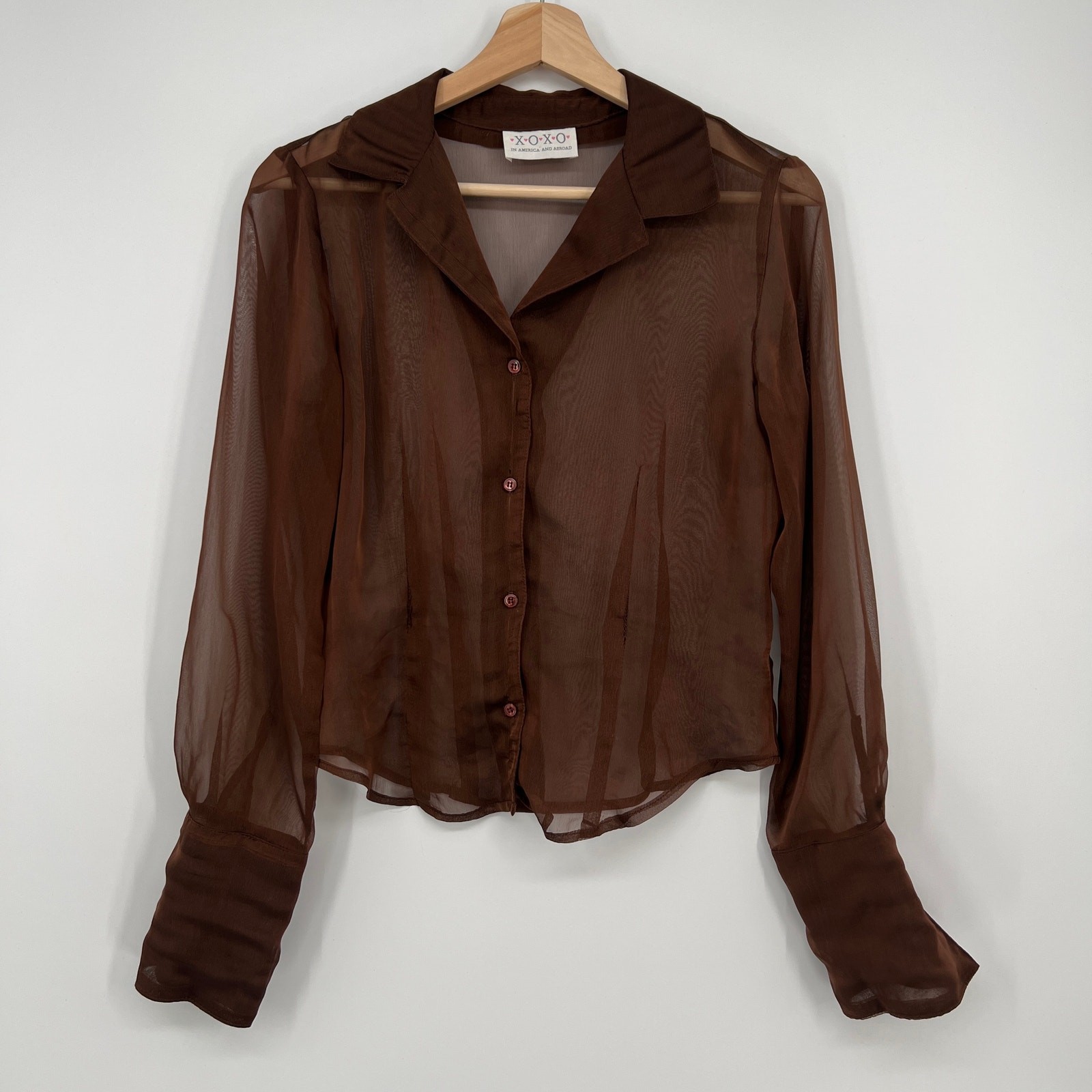 Vtg Y2K XOXO Sheer Button Blouse Top Womens Medium Chocolate Brown Cropped READ
