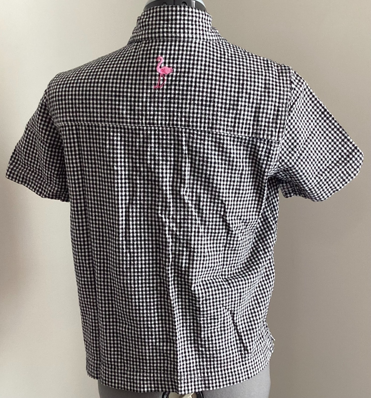 Natalie & me shirt small black white gingham embroidery flamingos buttons