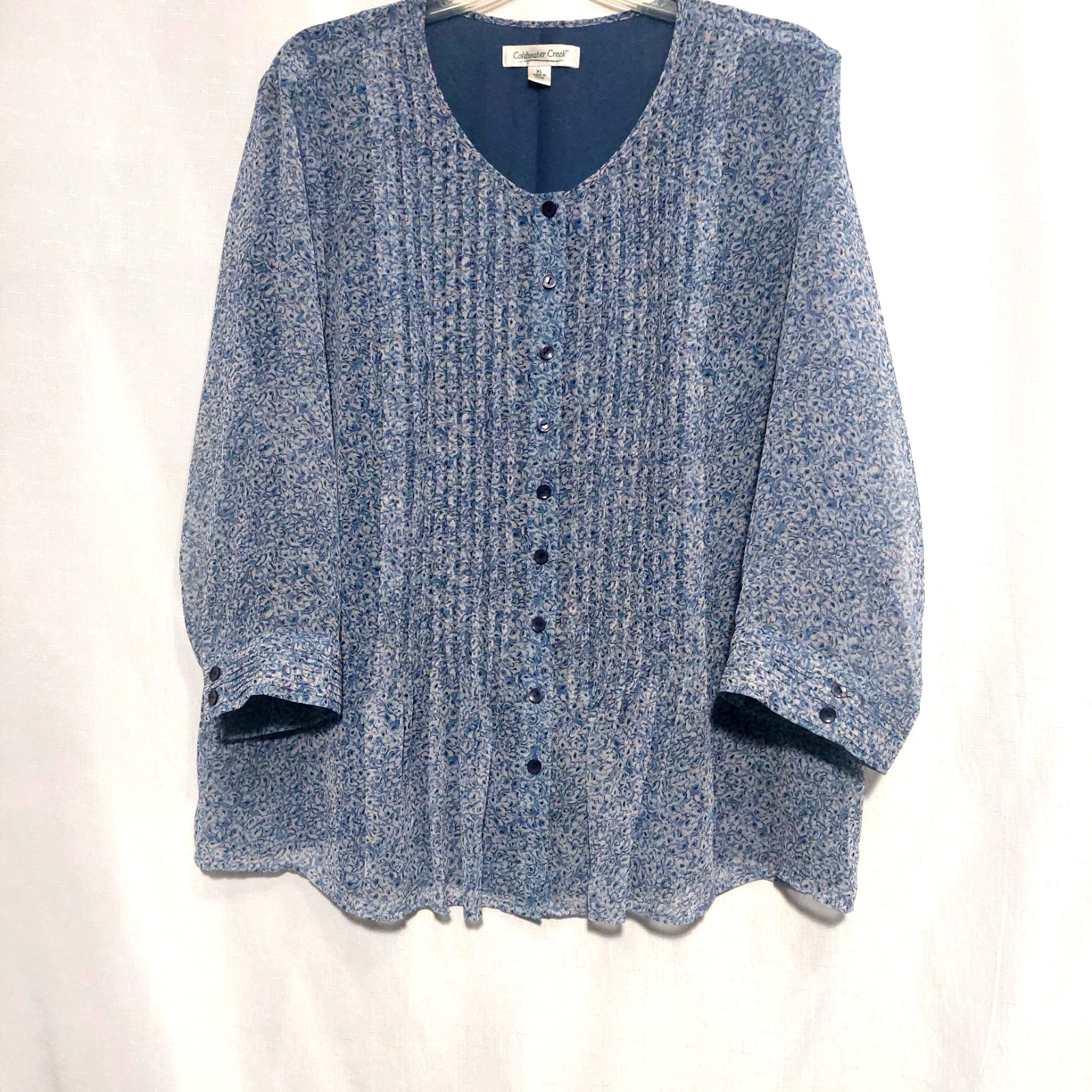 Coldwater Creek Women XL Tunic Blouse Button Front Pin Tucks Scoop Neck Floral
