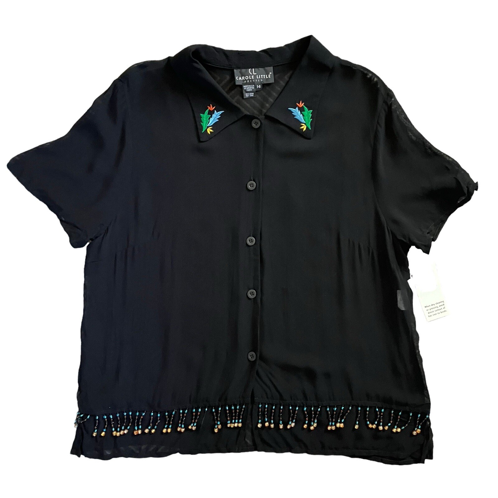 NWI Vtg Carol Little Blouse Womens 14 Black Semi-Sheer Embroidered Beaded Boho