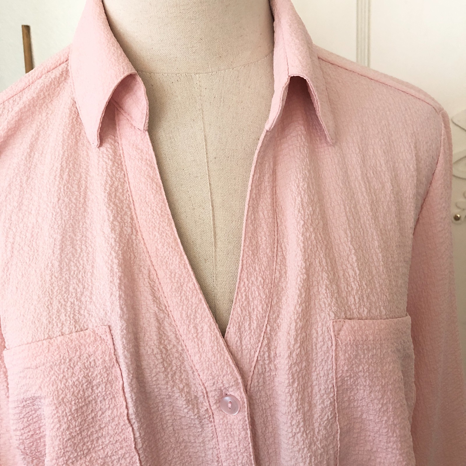 BCX Blouse Size XL Pale Peach Orange Crepe Stretch Button Front Roll Tab Sleeves