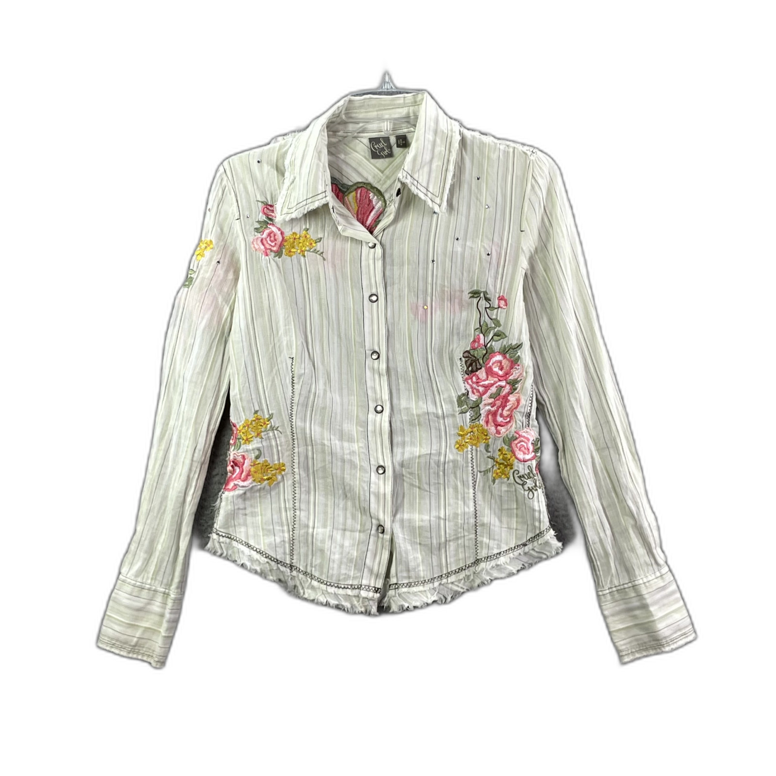 Cruel Girl Western Shirt Womens Floral Embroidery Frayed Hem Striped Rancher