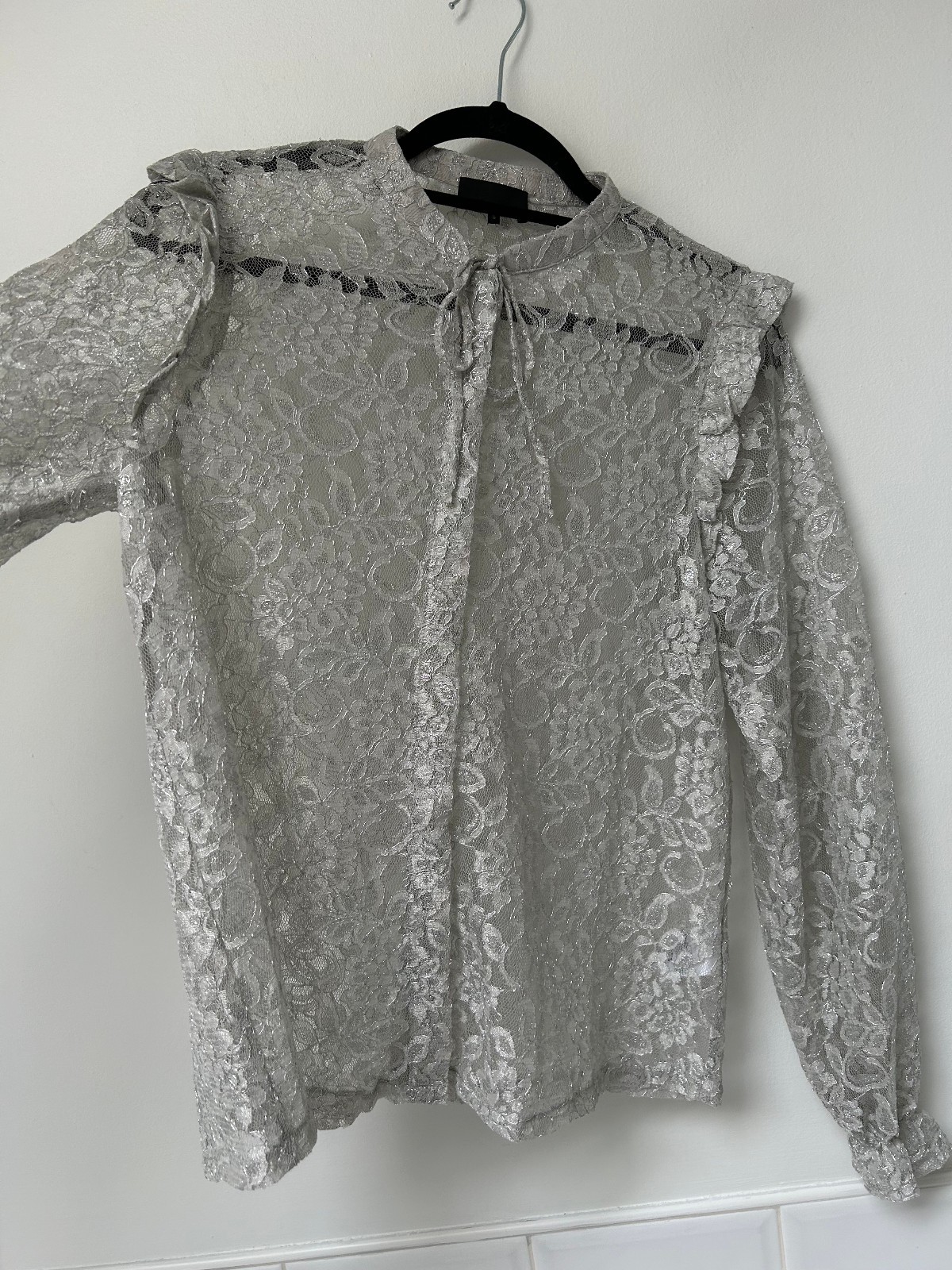 LEVETE ROOM Silver Lurex Sheer Lace Tie Neck Frill Cuff Blouse S UK8-12 £140