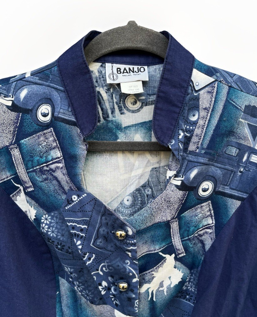 VTG 80s Banjo Cropped Western Shirt Women’s L Blue White Rodeo Cowgirl RARE