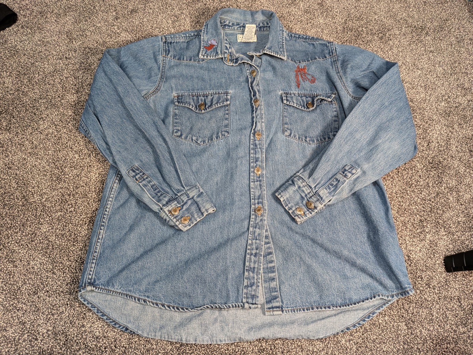 Vintage 90s Embroidered Denim Button Up Shirt Horse Boots Cowboy Western Large