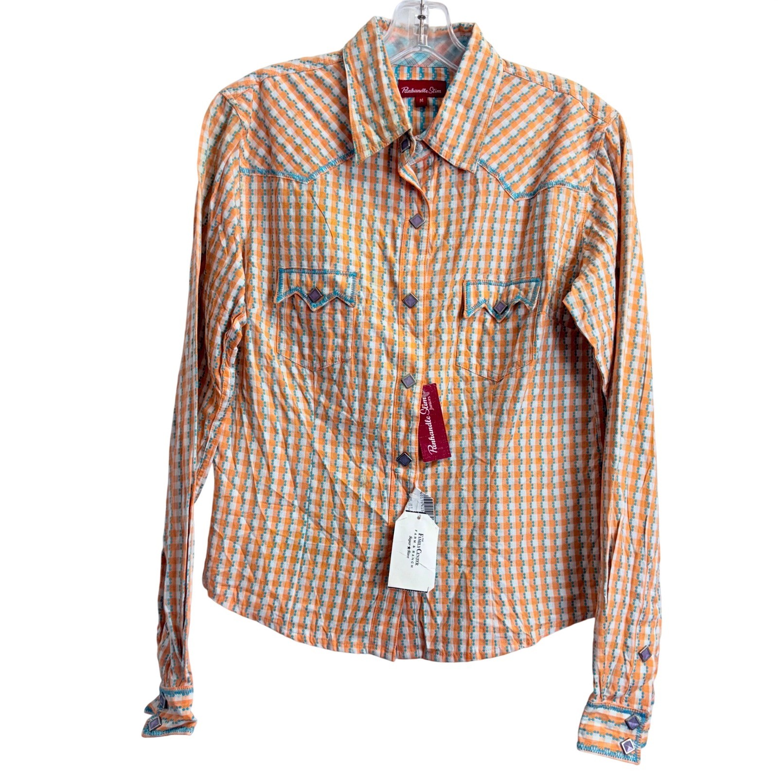 Panhandle Slim Womens Western Snap Shirt Orange Plaid Turquoise Juniors Medium