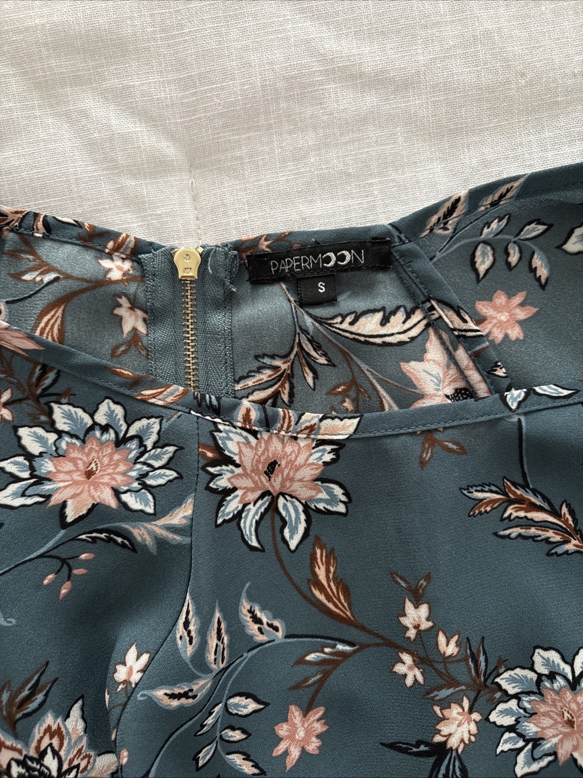 Papermoon Stitch Fix Blouse Top Shirt Dark Turquoise Floral 3/4 Sleeve Small S