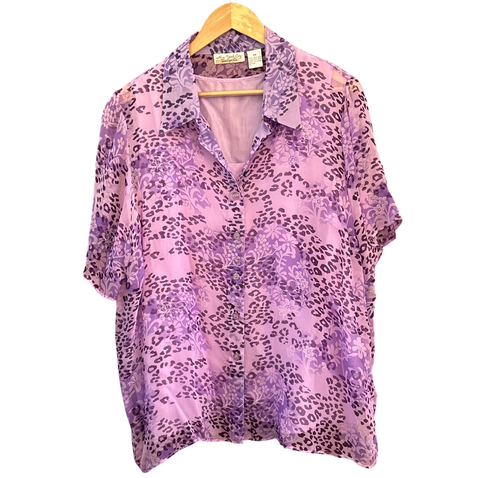 Vintage NYC Design Co Silk Floral Leopard Print Blouse 2X Purple Sheer Boho Chic