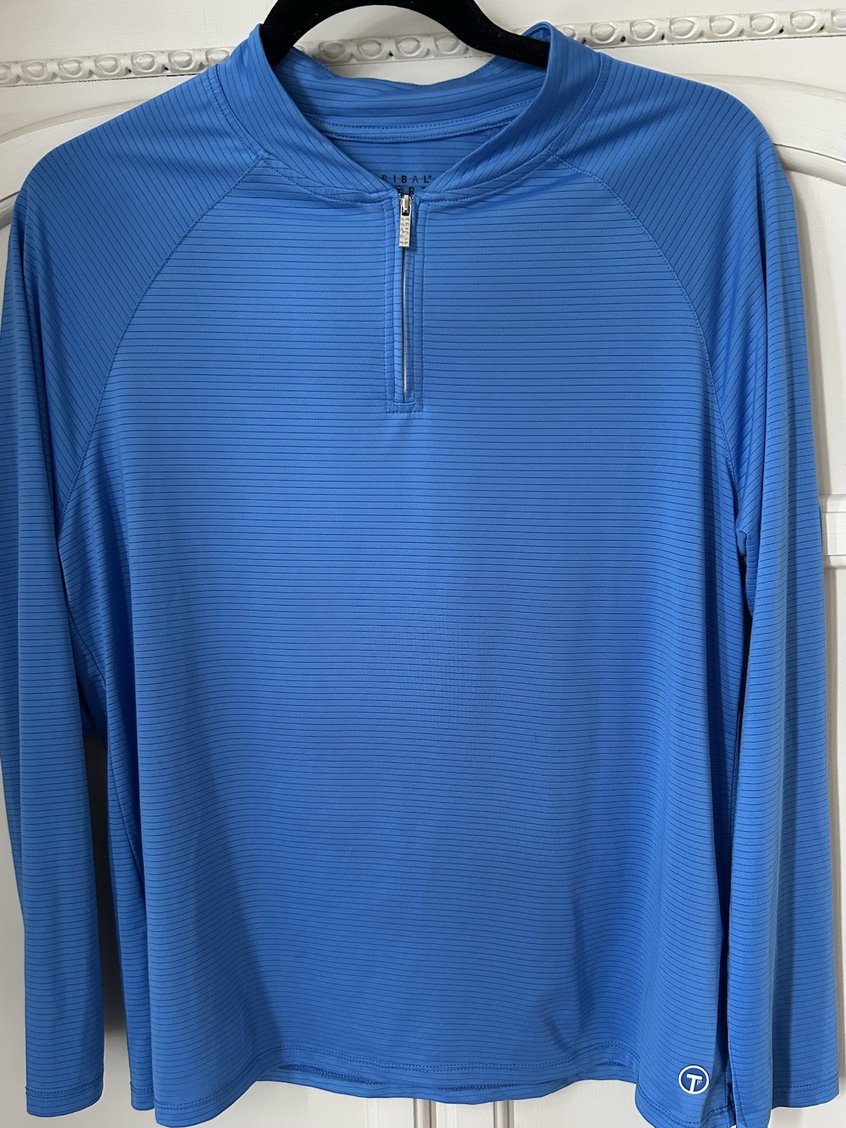 Tribal Sport Blue Striped 1/4 Zip Mock Neck Long Sleeve Pullover Women’s Large