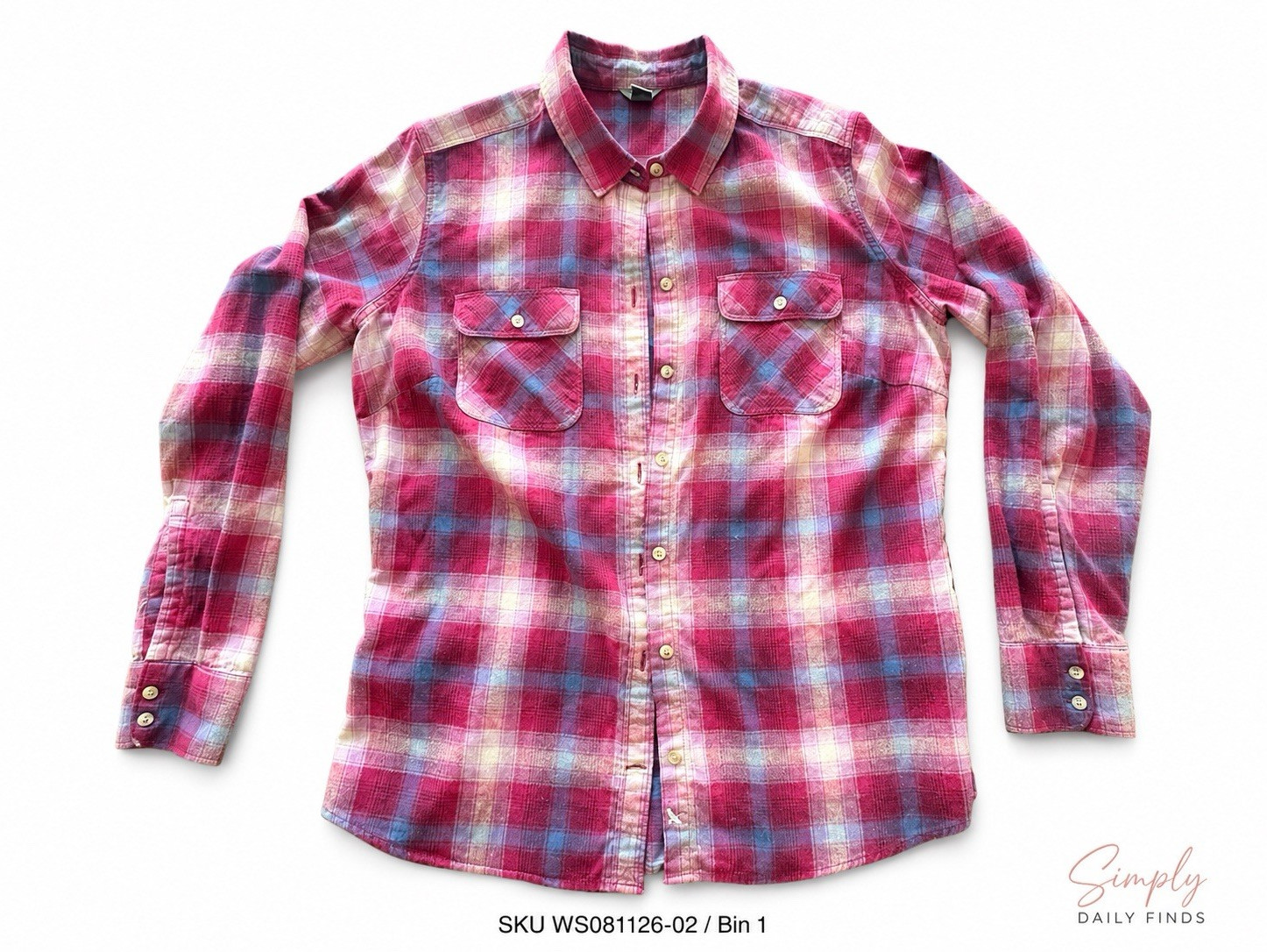 Eddie Bauer Women’s Large Plaid Flannel Shirt Pink Blue 100% Cotton Button Up