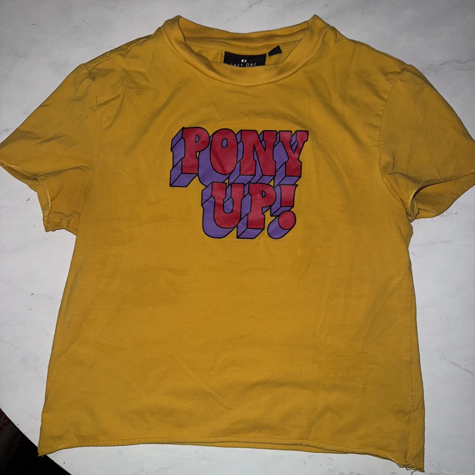 Lazy Oaf Pony yellow graphic tee size 8 crop raw edge