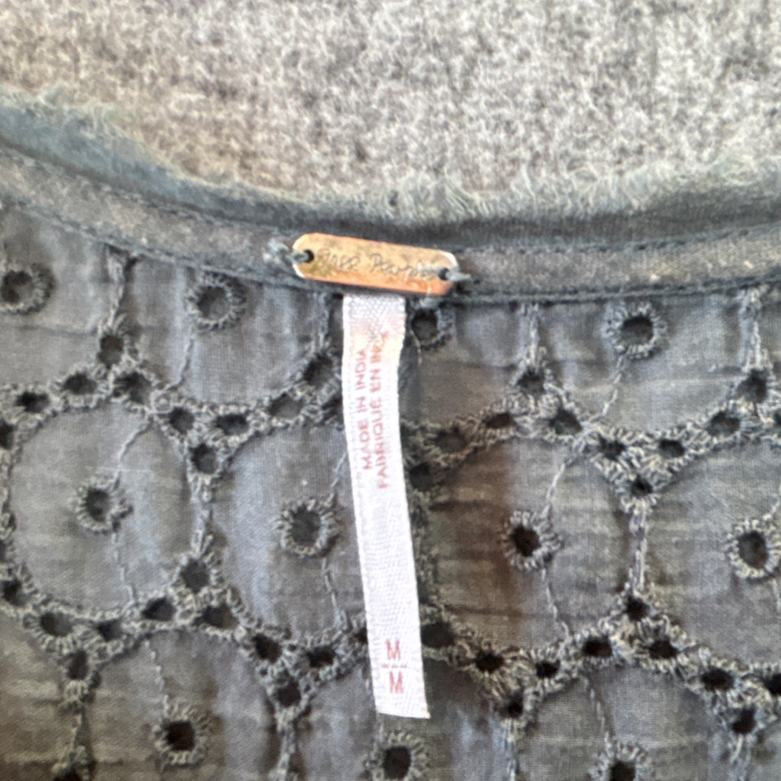 Free People Dark Teal Eyelet Balloon Sleeve Button Front Ruffle Blouse Size Med