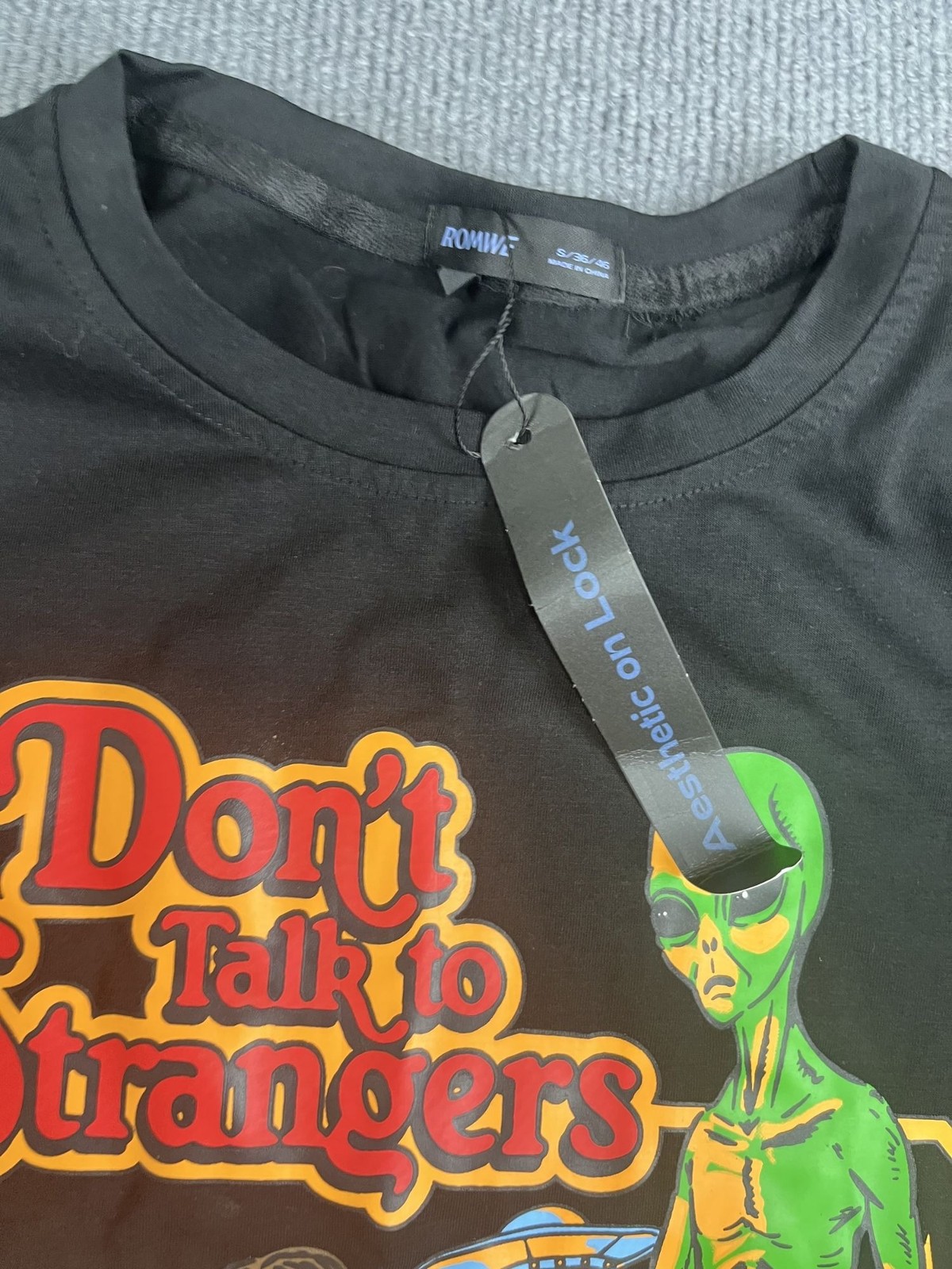 ROMWE Women Black Don’t Talk To Strangers Graphic Tee Short Sleeve S NWT