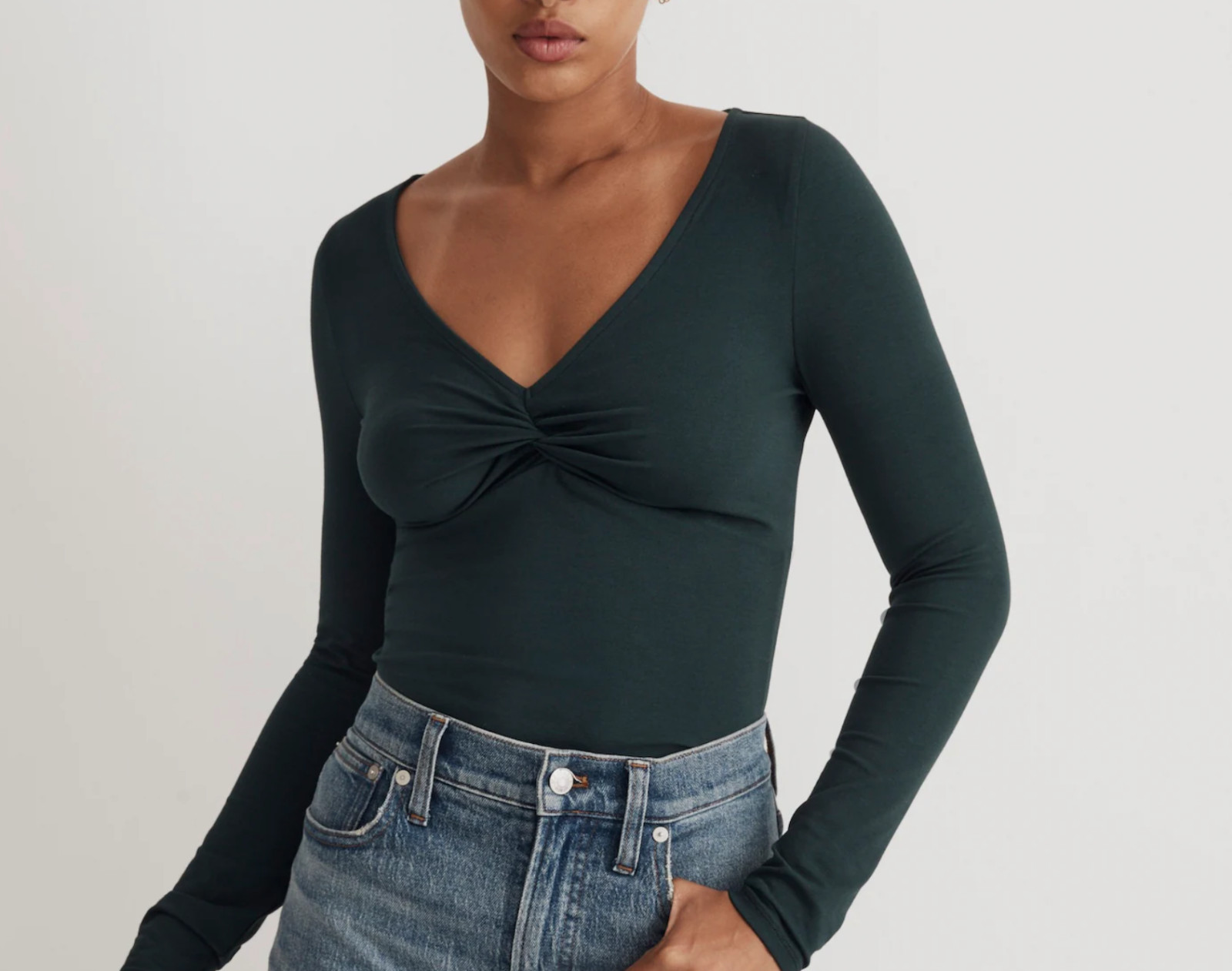 Madewell Women’s Ancient Forest Green Long Sleeve Twist Front Tee Top Sz M