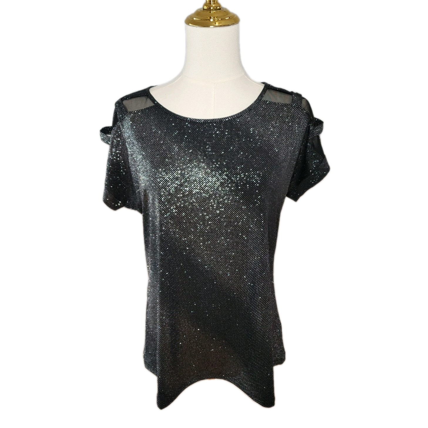 Women’s Black Blouse With Silver Shimmering Casual Party Cocktail Top Size M