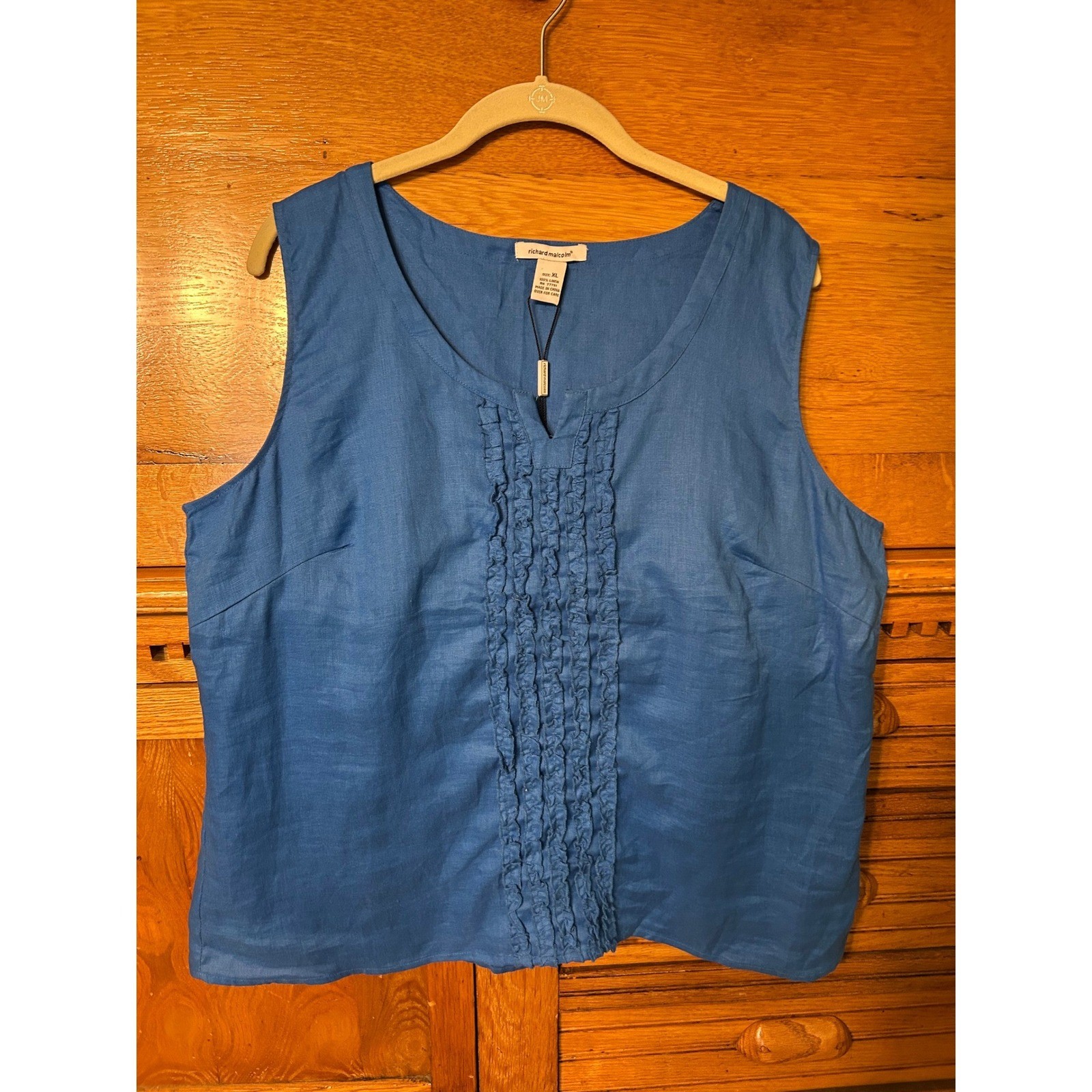Old Money Boho Blue 100% Linen Ruffle Sleeveless Blouse Royal Ocean NWT Classic