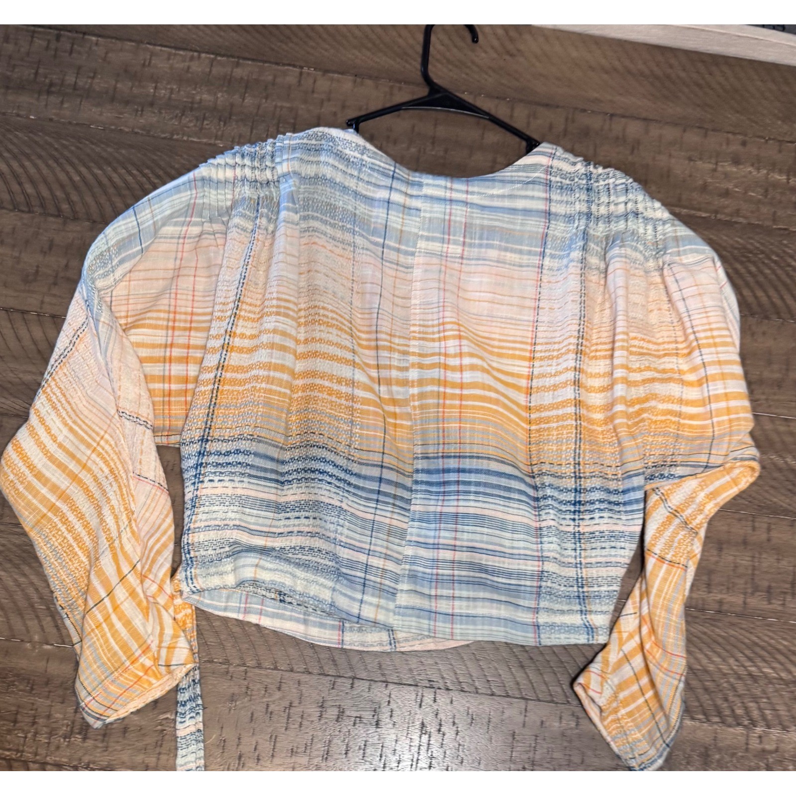 We The Free People Plaid Wrap Top Orange Blue Long Sleeve V-Neck Blouse Small