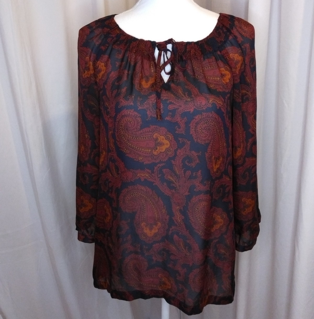 Loft womens small blue red paisley blouse sheer round neck 3/4 raglan sleeve