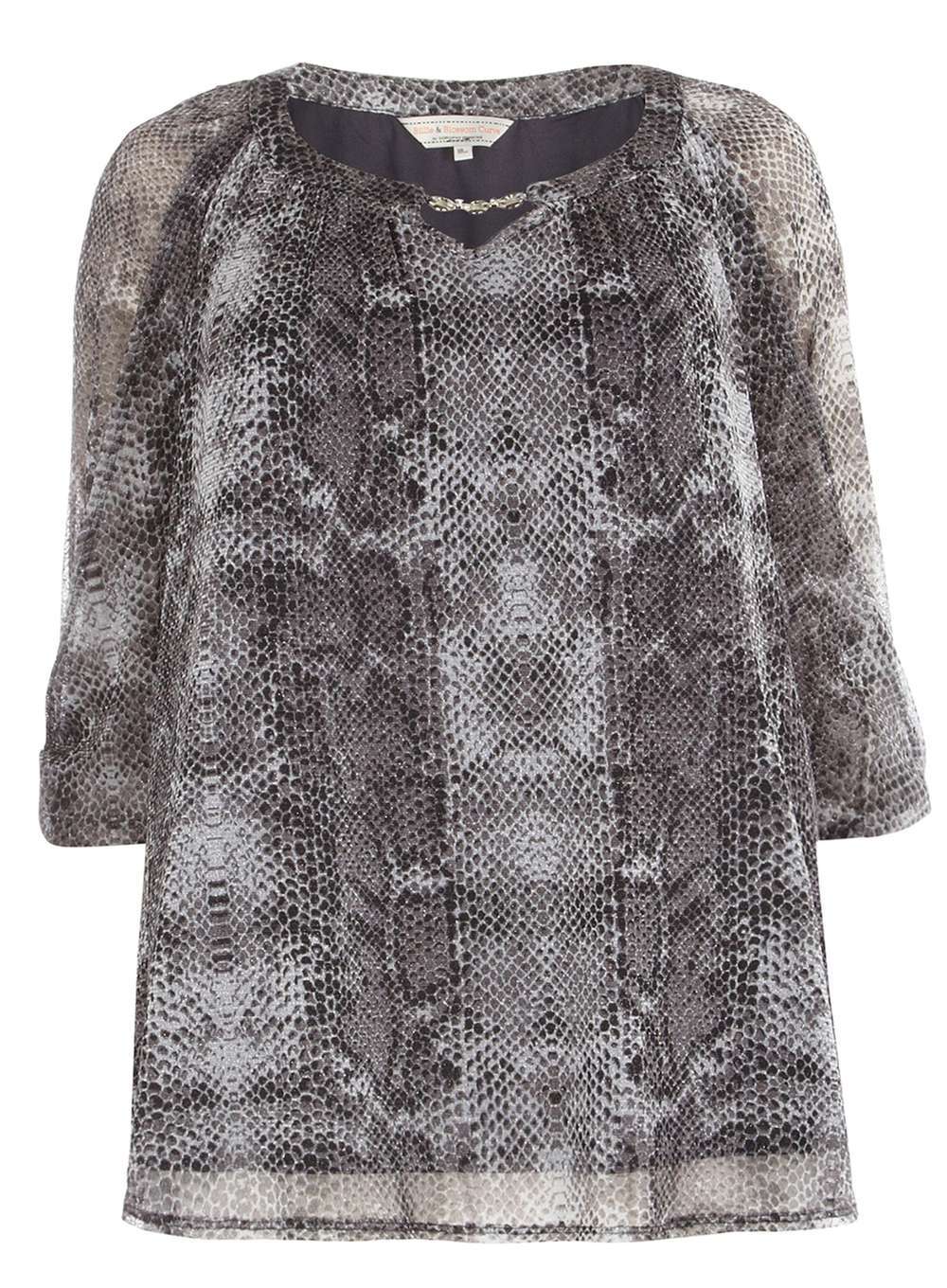 Billie & Blossom Curve Embellished Metallic Snake Print Top 28 Grey/Multi