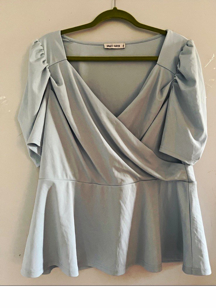 Grace Karin Women’s Blue V-Neck 3/4 Puff Sleeve Ruffle Peplum Blouse 2XL