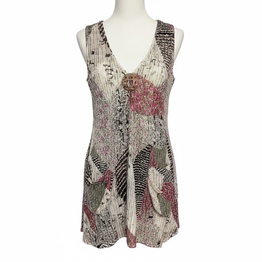 Paradise Womens Abstract Knit Tunic Top Sleeveless Handkerchief Hem ML