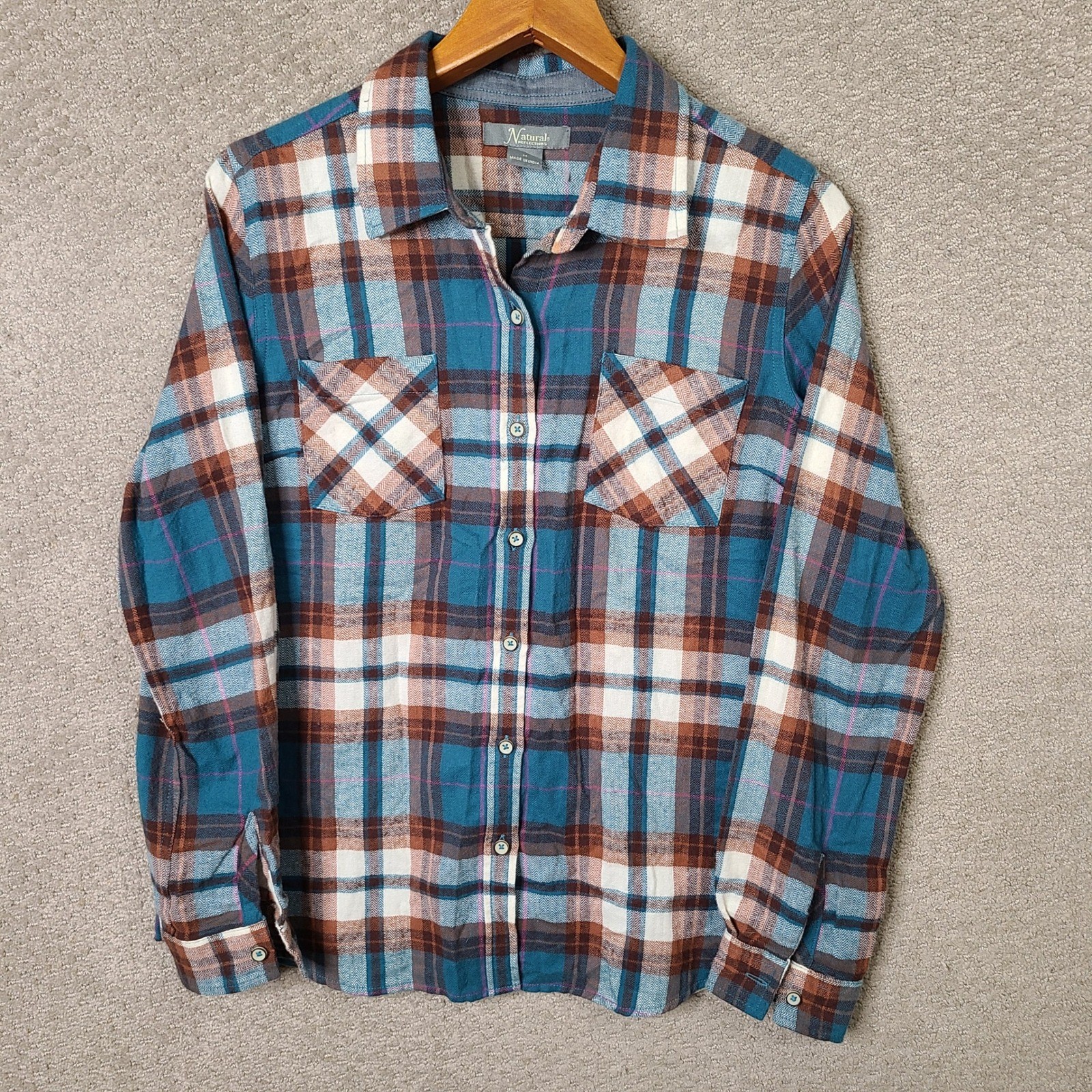 Natural Reflections Shirt Womens Medium Blue Brown Plaid Flannel Cotton Casual