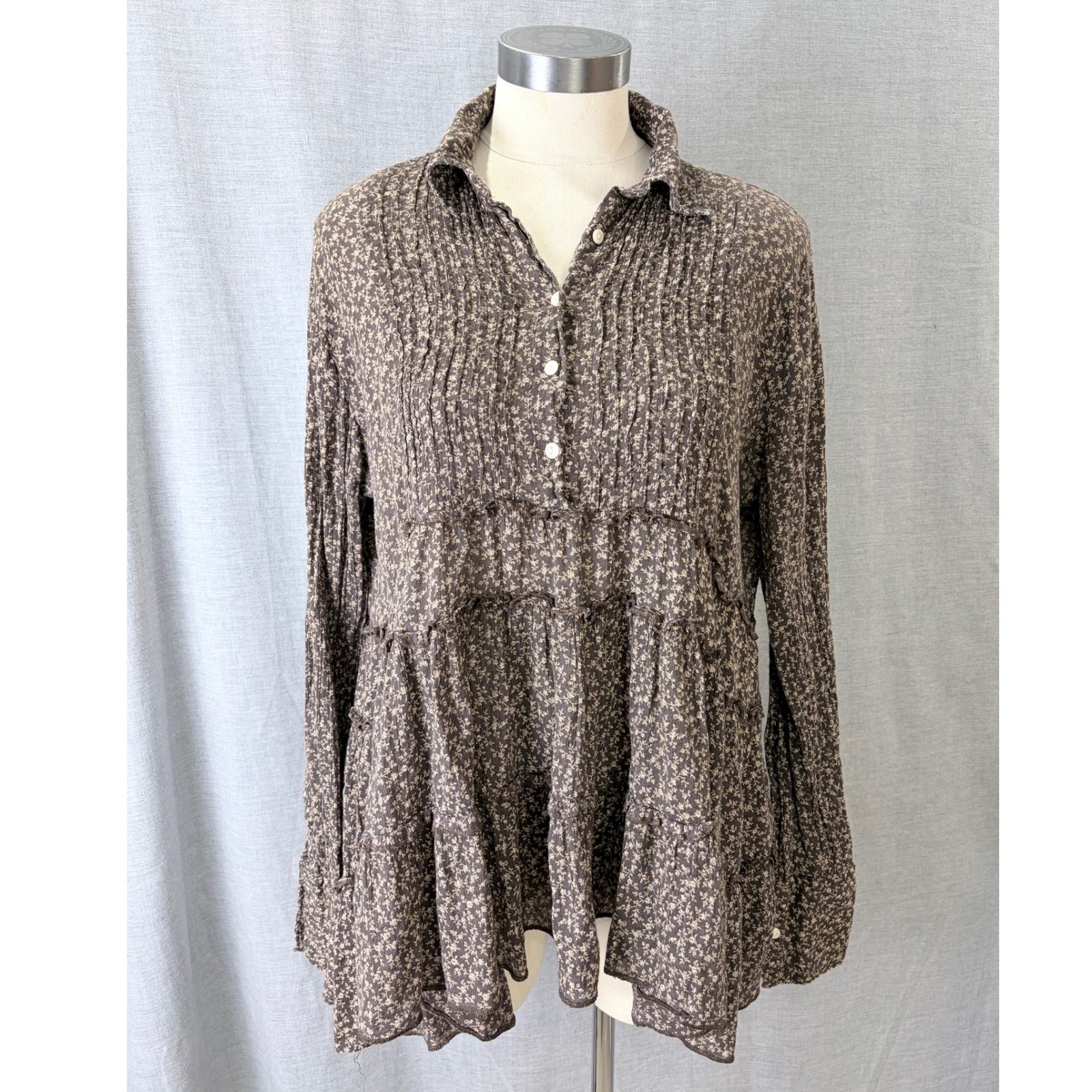 Denim & Supply Ralph Lauren Tunic Brown Floral Pintuck Tiered Boho Large