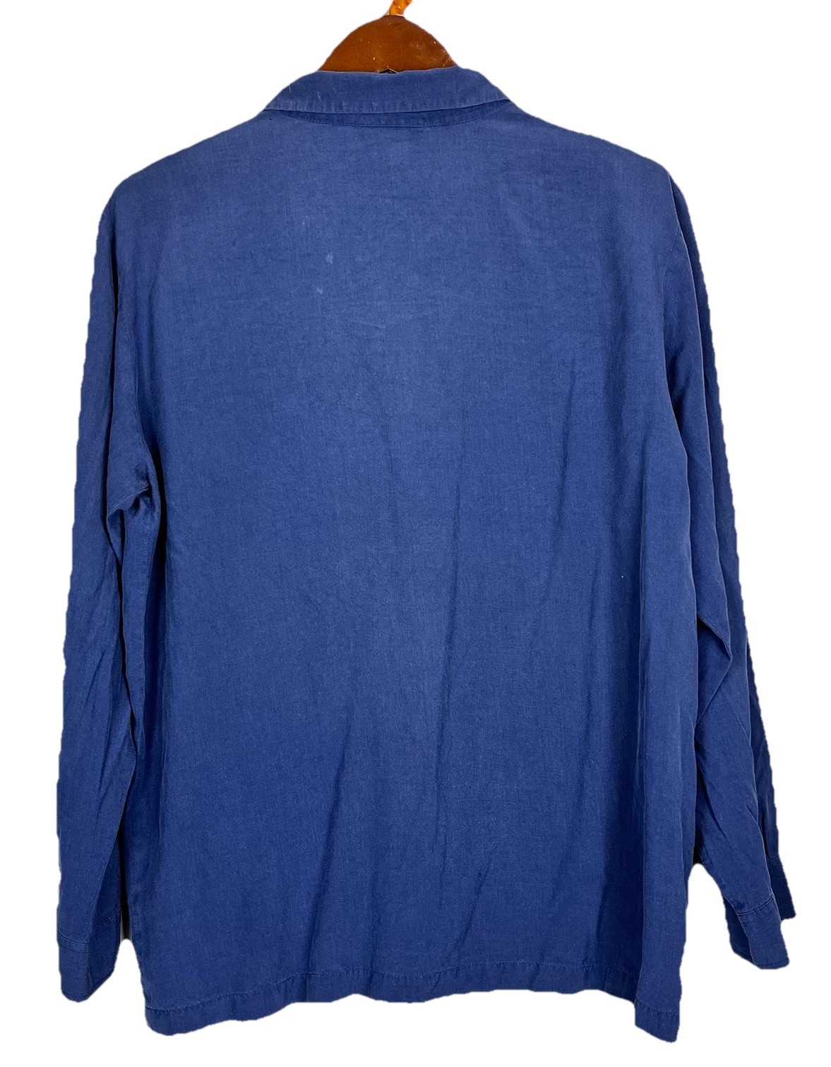 100% Silk Crepe Blouse Blue Button Front Women Size L Matte Lightweight