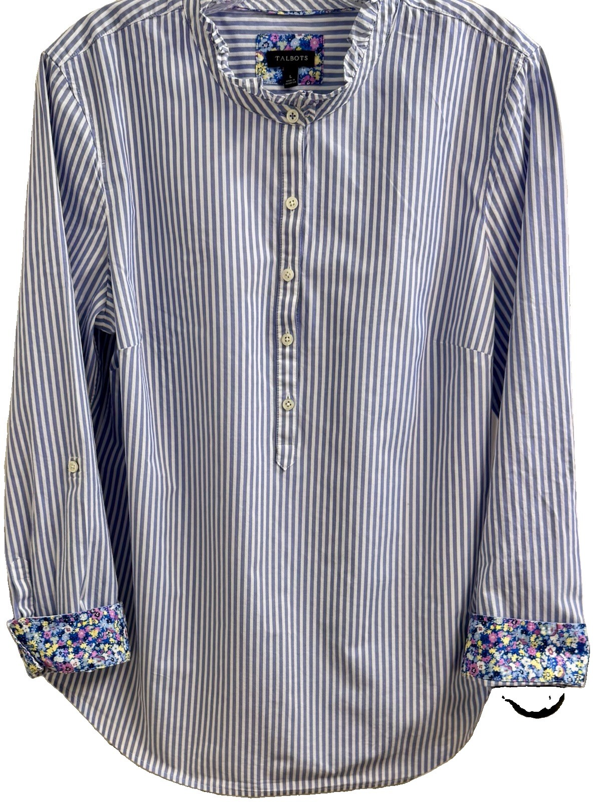 TALBOTS Blue & White Striped Coastal COTTON POPOVER Roll Tab Sleeves (L) NWOT