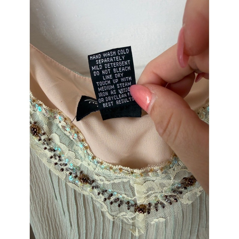 New York City Design co. Silk Sage Green Bead Embellished Y2K V-Neck Camisole Lg