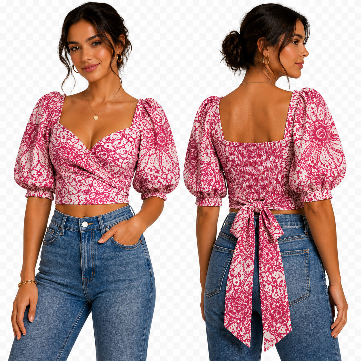 Maeve Anthropologie Women M Tie Back Printed Crop Top Puff Sleeve Smocked Floral