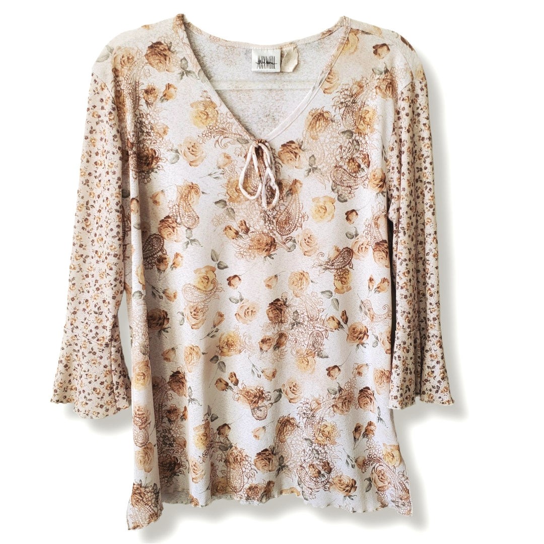 90s Y2K Women Beige Floral Lettuce Hem Stretchy Top L Boho Fairy Goblincore USA