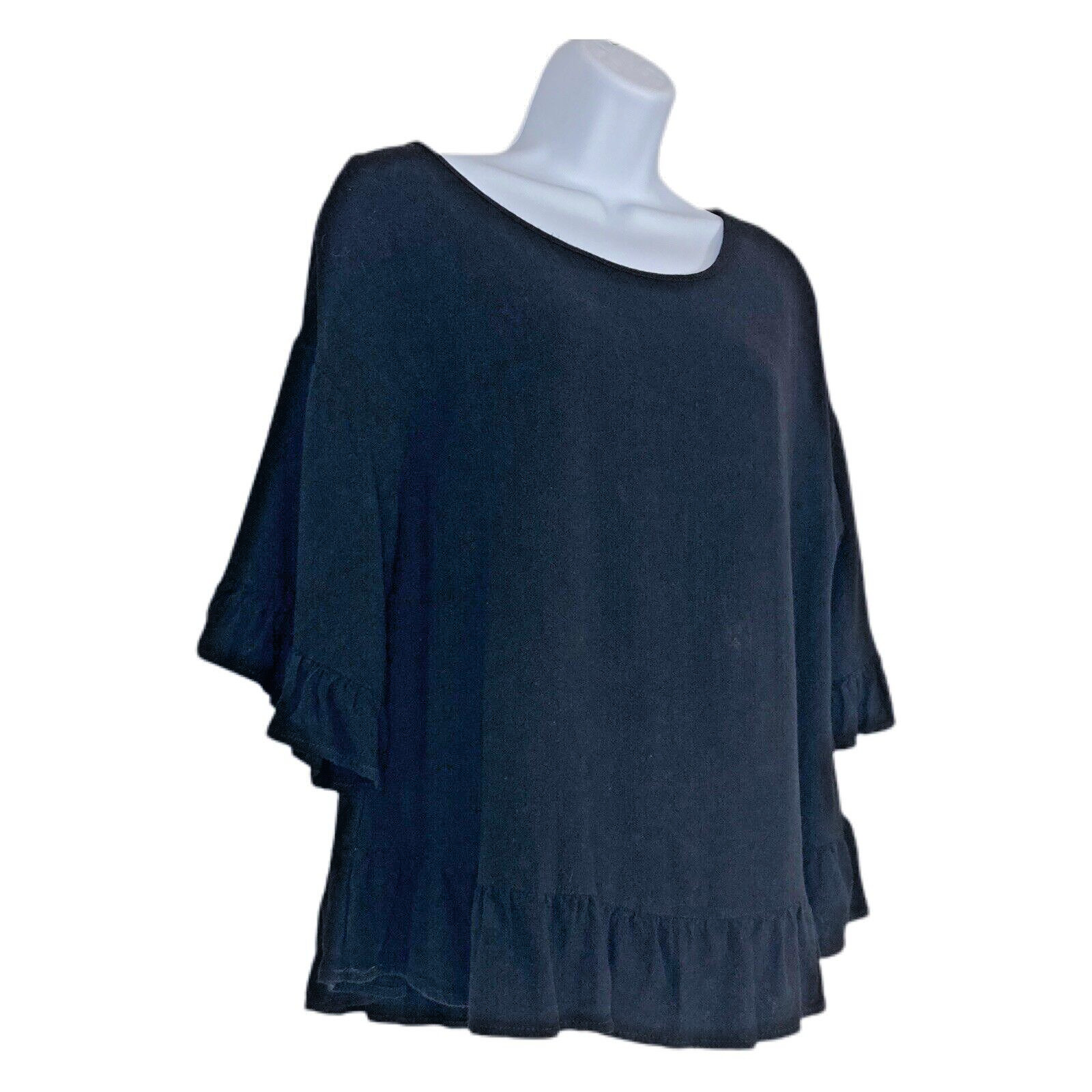 Ruffle Hem Linen Top Drop Shoulder Keyhole Black M Bohemian