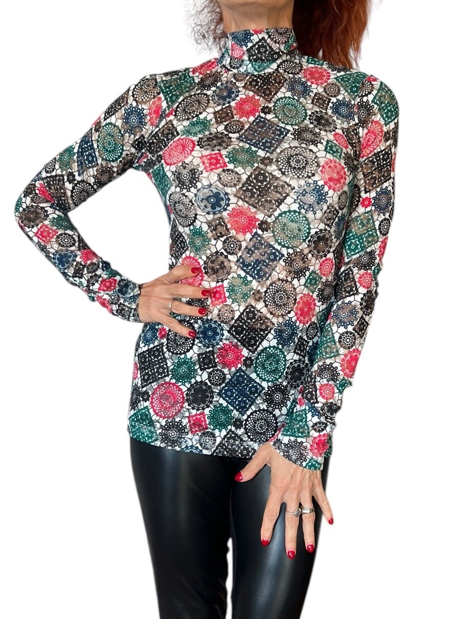 WOMEN’S MSGM MEDALLION GEOMETRIC MESH HIGH NECK LONG SLEEVE BLOUSE TOP 40 4