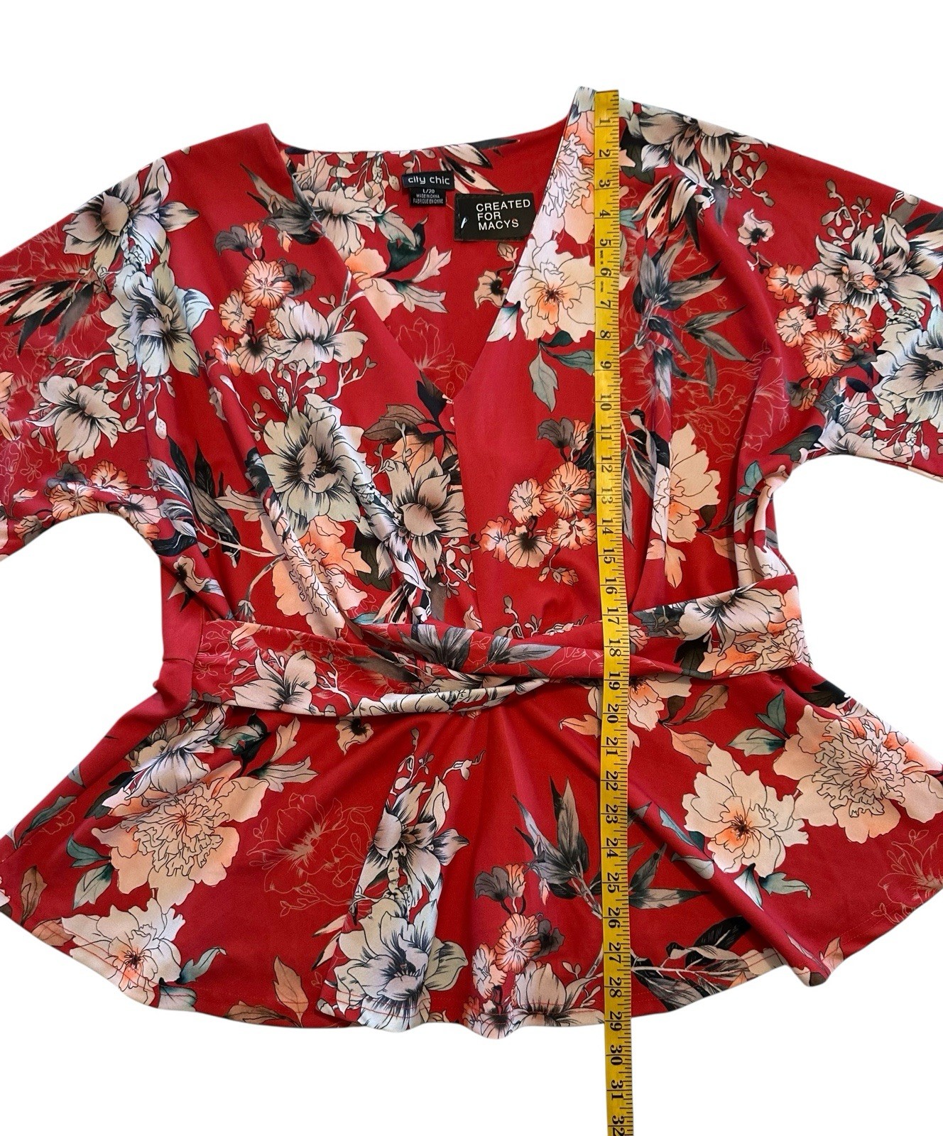 City Chic Floral Blouse Womens 20 Red W/ Flowers Flutter Sleeves V-Neck NWT