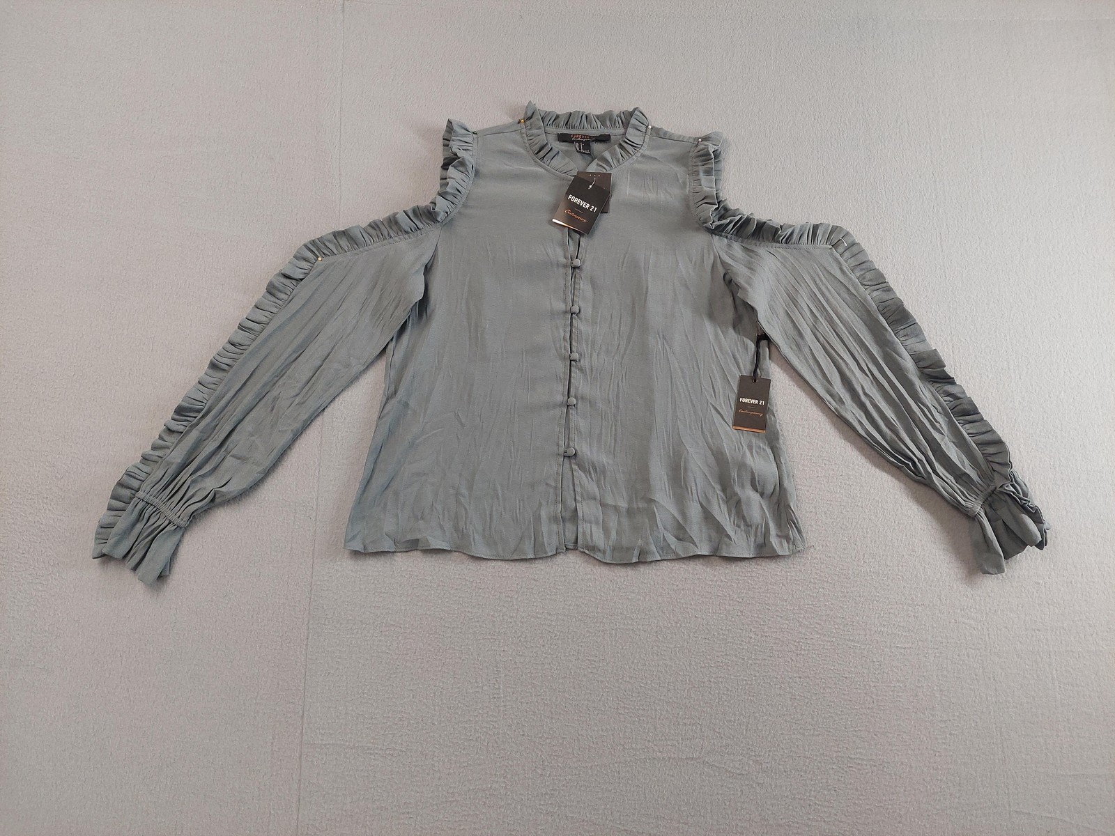 Forever 21 Shirt Womens Small Dusty Blue Cold Shoulder Ruffle Long Sleeve Top