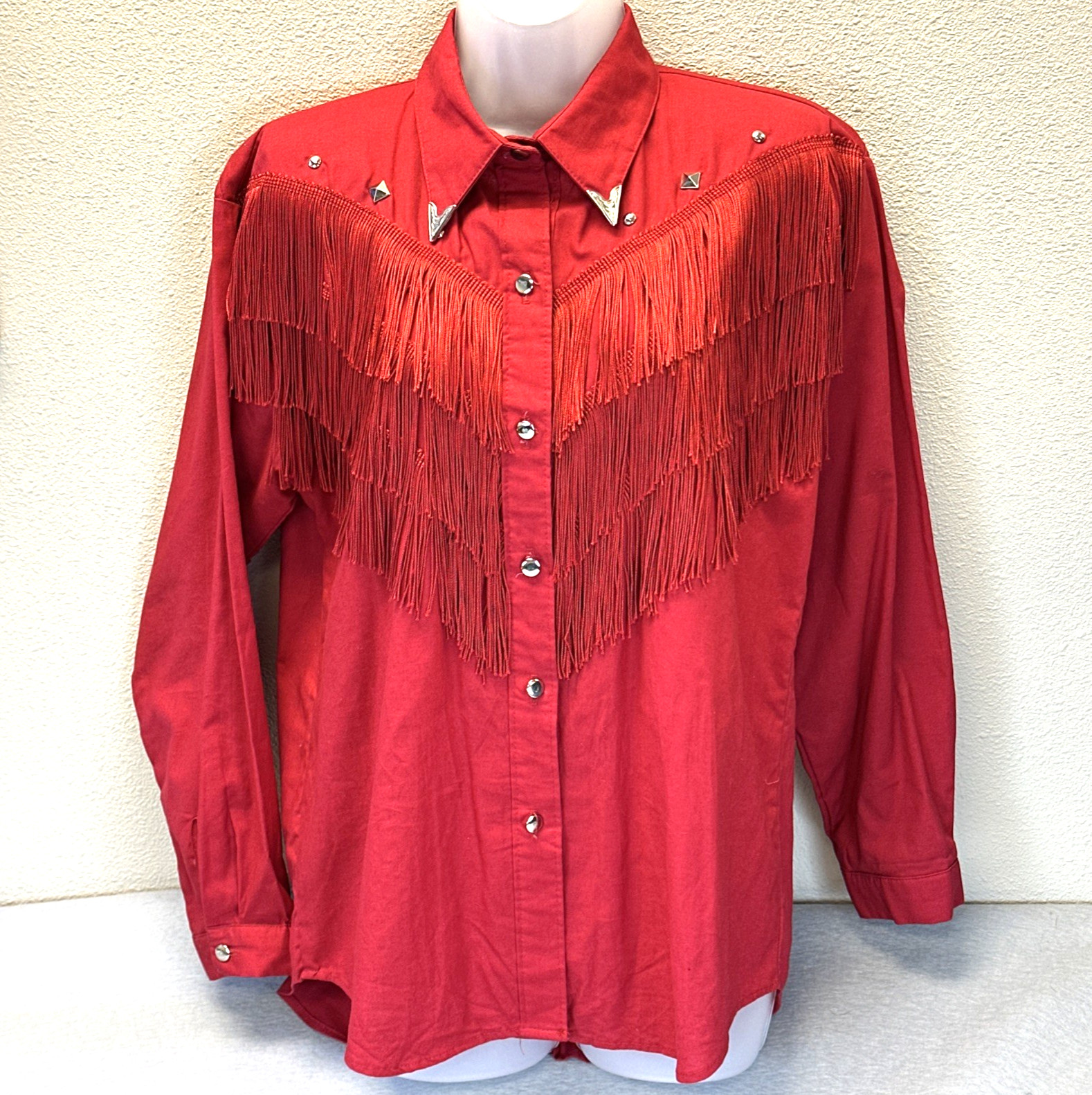 Sas’sa Red Fringe Western Rodeo Cowgirl Long Sleeve Button Studded Shirt Large