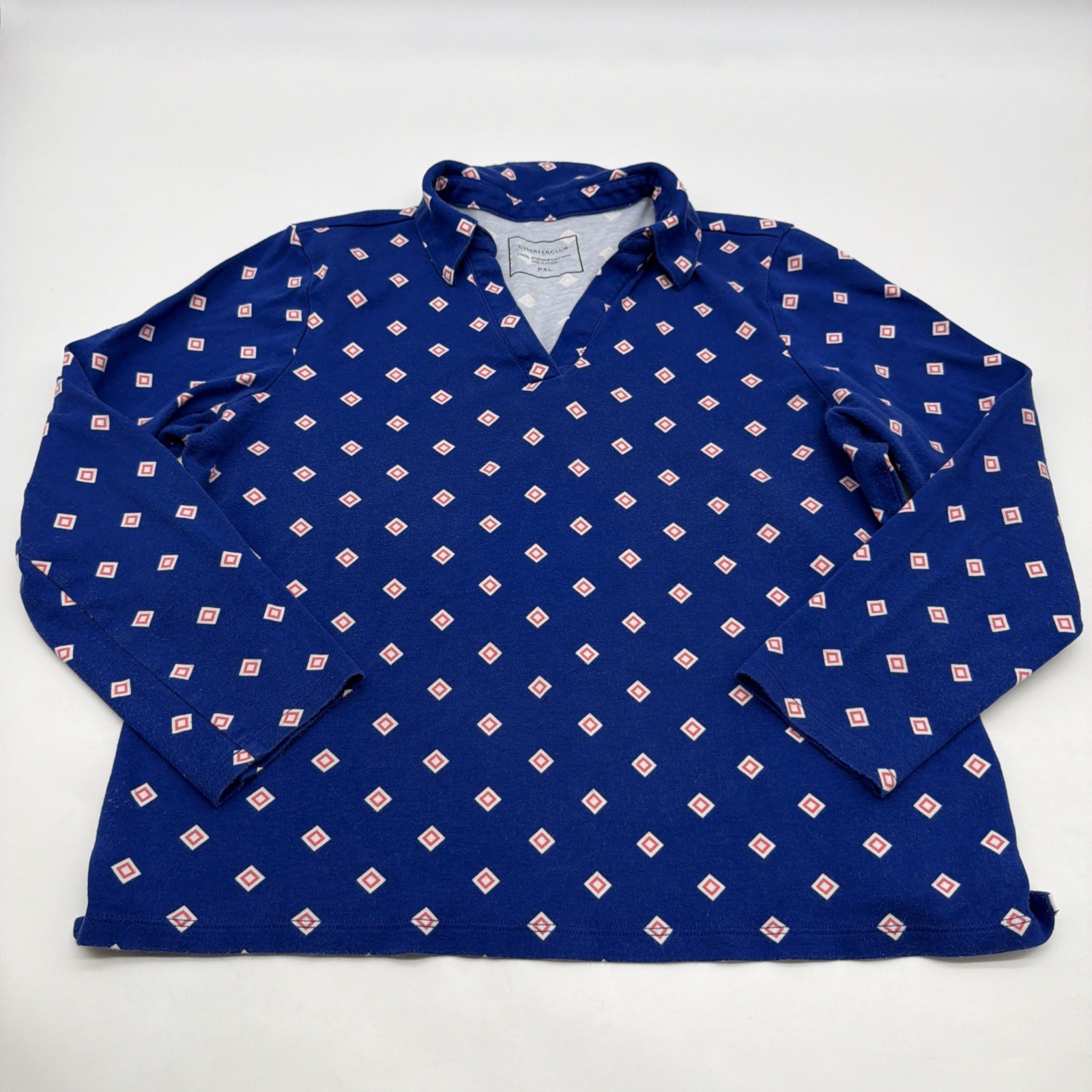 Charter Club 3/4 Sleeve Polo Shirt Women PXL Blue Aop 100% Supima Cotton.#46935