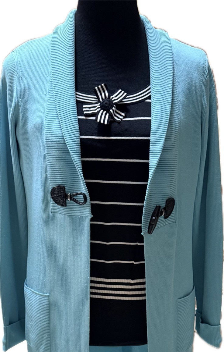 WORTH Black/White Striped Knit L/S Pullover Top Fabric Rosette Pin Sz M – EUC