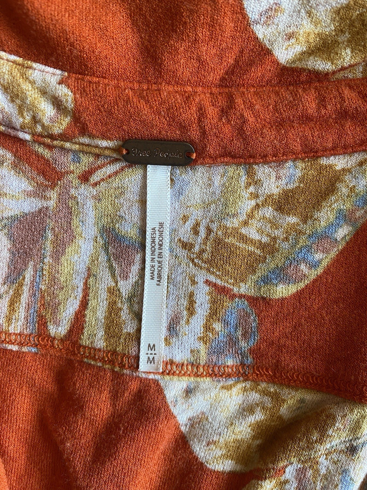 Free People 70s boho Orange Butterfly Print Collared Short Sleeve tie top M