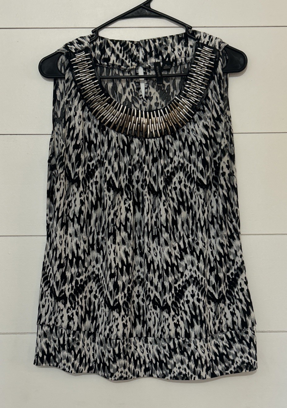 Sioni Black And White Embellished Top Womens Size XL Metallic Accent