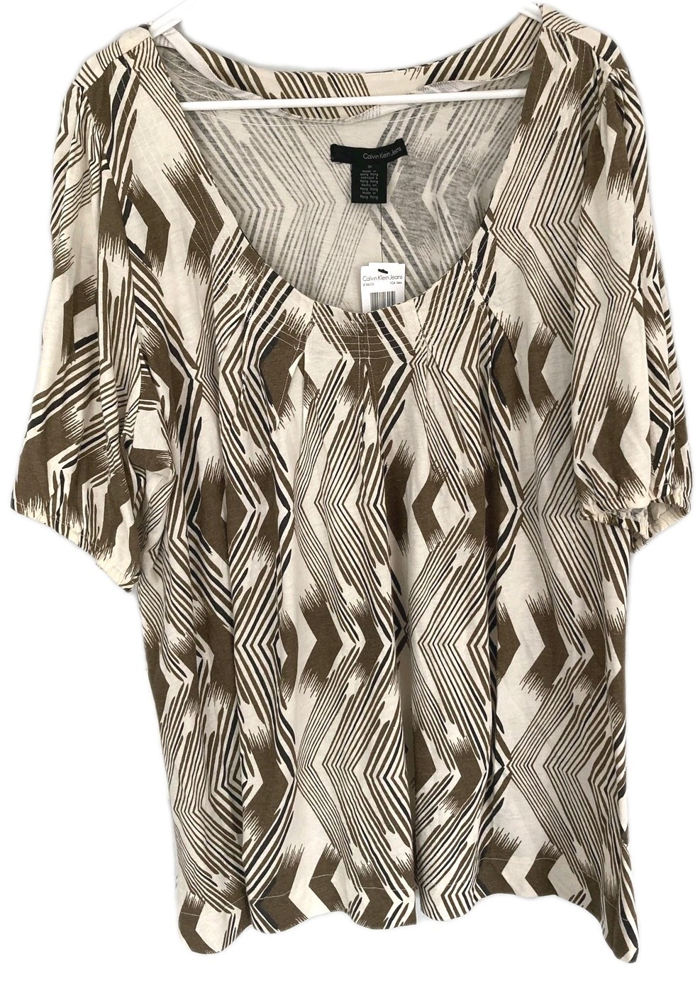 Calvin Klein Jeans Blouse Women 3X Brown Geometric Scoop Neck Jersey Knit NWT