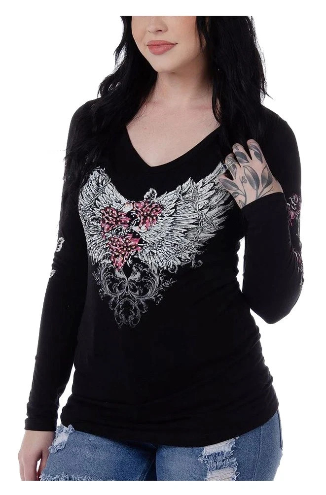 Liberty Wear Angel Wings Shirt Women 3XL Y2K Long Sleeve Roses Wings Bling