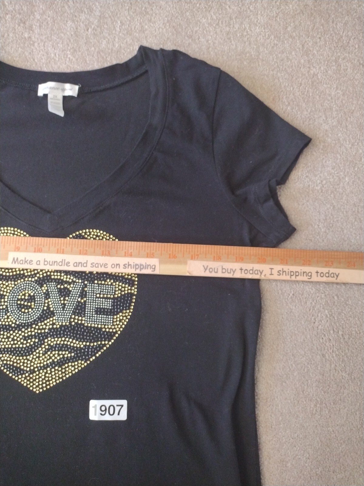 Ambiance Apparel Tee Women 2XL Black Short Sleeve Love Rhinestones Gold Heart