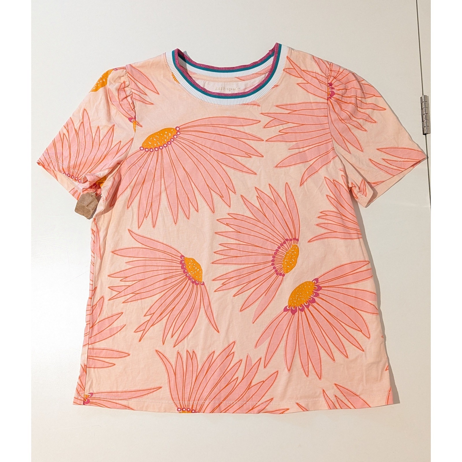 Kate Spade New York Peach Pink Floral Puff Sleeve Tee Metallic Neck Stripe M