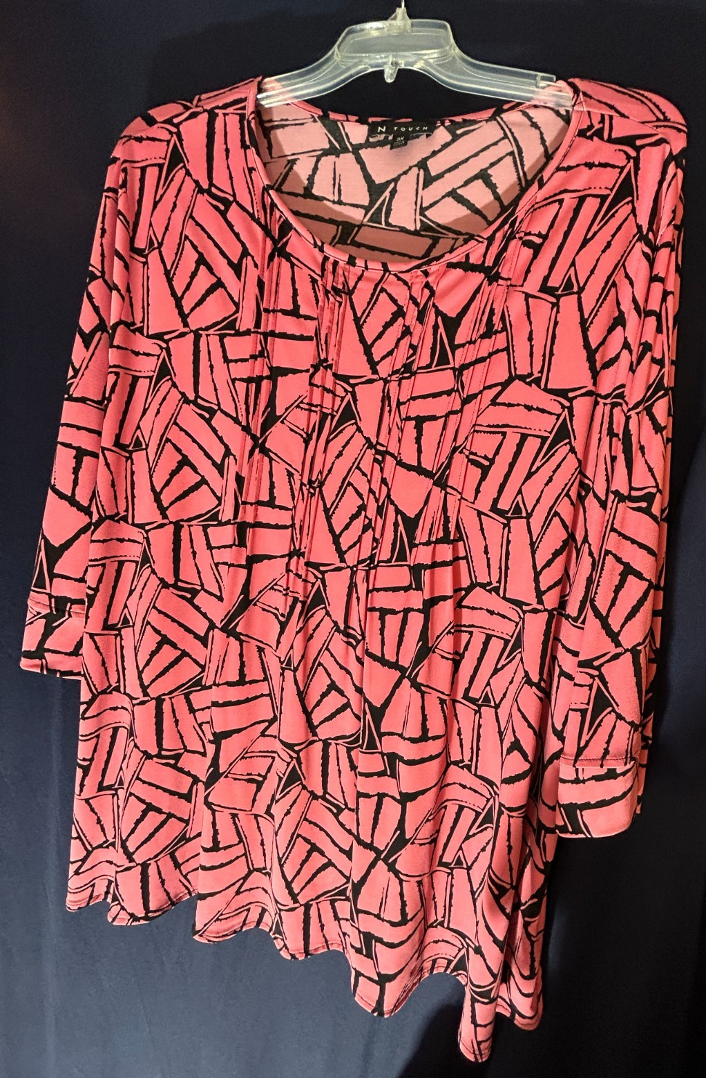 N Touch 3X Pink Black Pleated Blouse Stretch Career Plus Size 3/4 Slv Split Hem