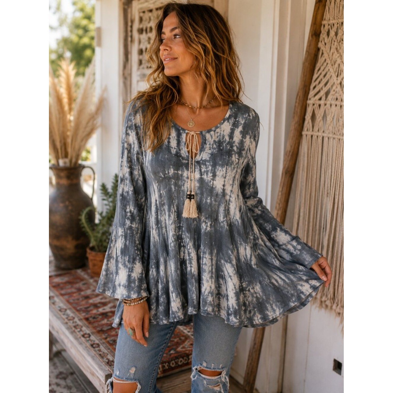 Abree Gray Tie Dye Lace-Up Tassel Tunic Top Small Boho Long Sleeve Made USA 1319